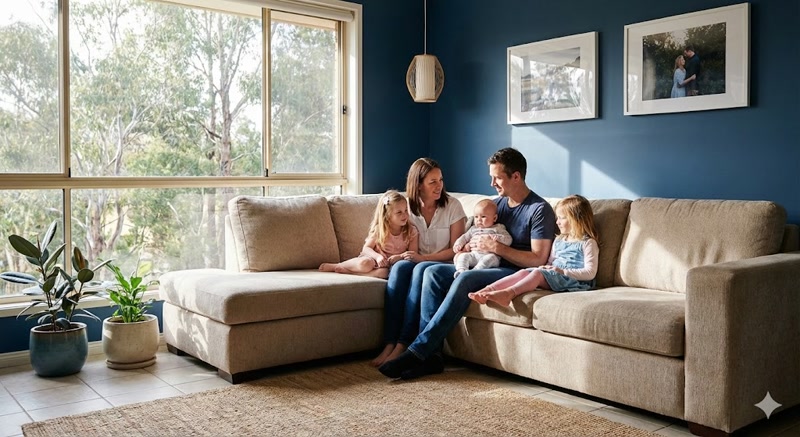 Famiglia felice riunita seduta sul divano di grande soggiorno con vetrata