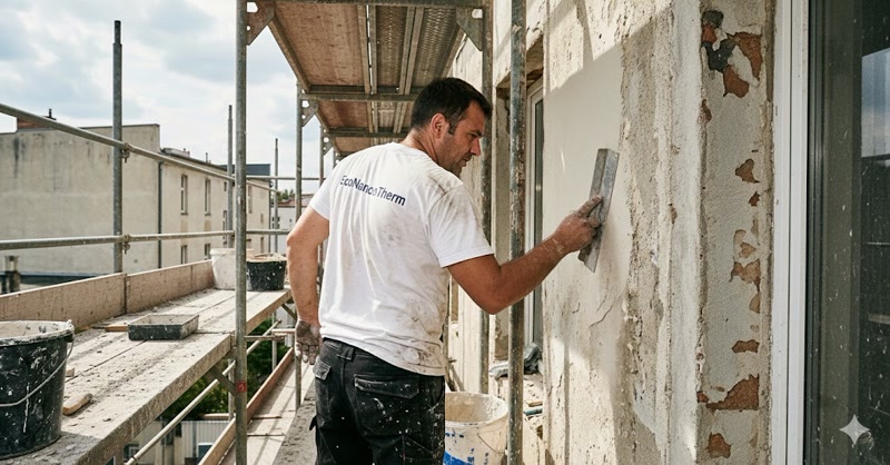 Operaio di EcoNanoTher al lavoro mentre distribuisce il prodotto IGK2 sulla parete esterna